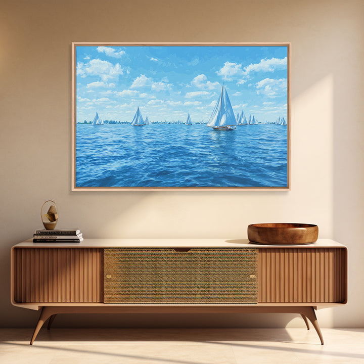Blue Sailboats On Sparkling Summer Sea Wall Art, Coastal Modern Art Print, Nautical Decor, Beach House Living Room Poster