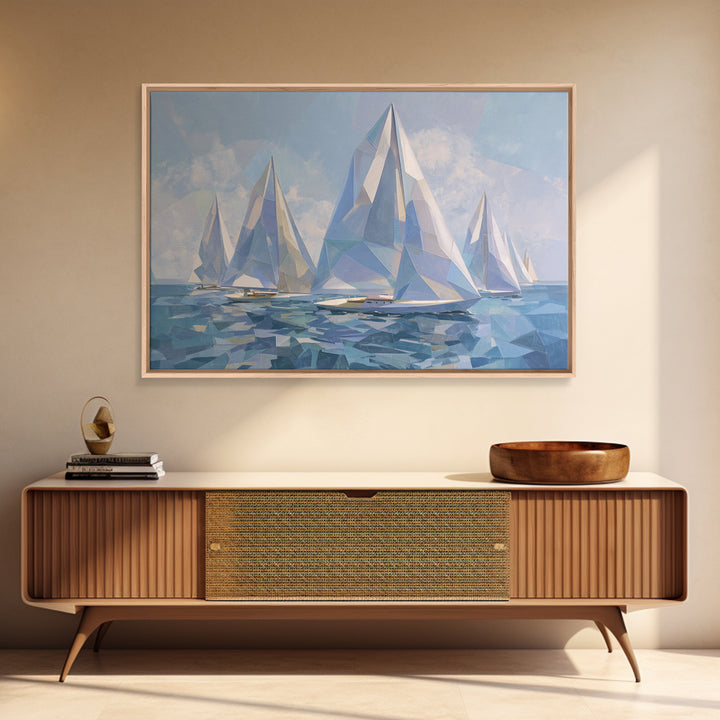 Crystal White Sailboats On Abstract Sea Framed Canvas Print, Modern Coastal Wall Art, Geometric Nautical Living Room Decor