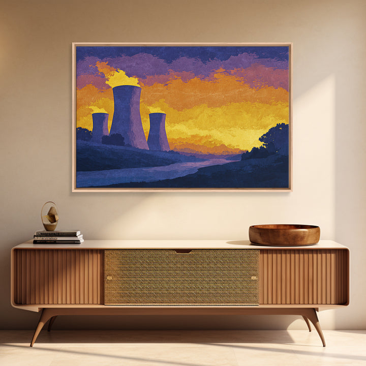 Purple Cooling Towers At Golden Sunset Wall Art, Retro Industrial Landscape Poster, Modern Wall Decor, Home Office Art Print