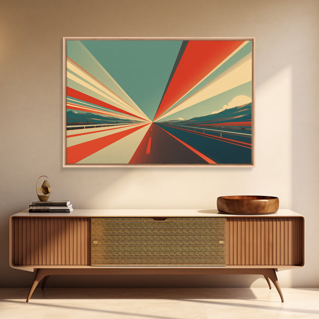 Retro Red Teal Highway Rays Canvas Print, Midcentury Modern Wall Art, Desert Road Poster, Bold Geometric Office Decor Print