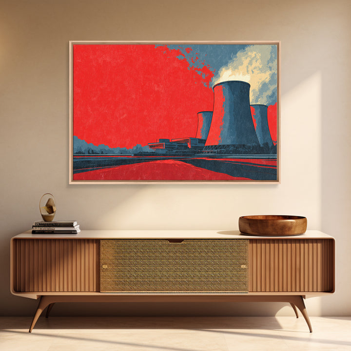 Red Industrial Cooling Tower Landscape Canvas Print, Atomic Retro Wall Art, Modern Architecture Decor, Bold Statement Poster