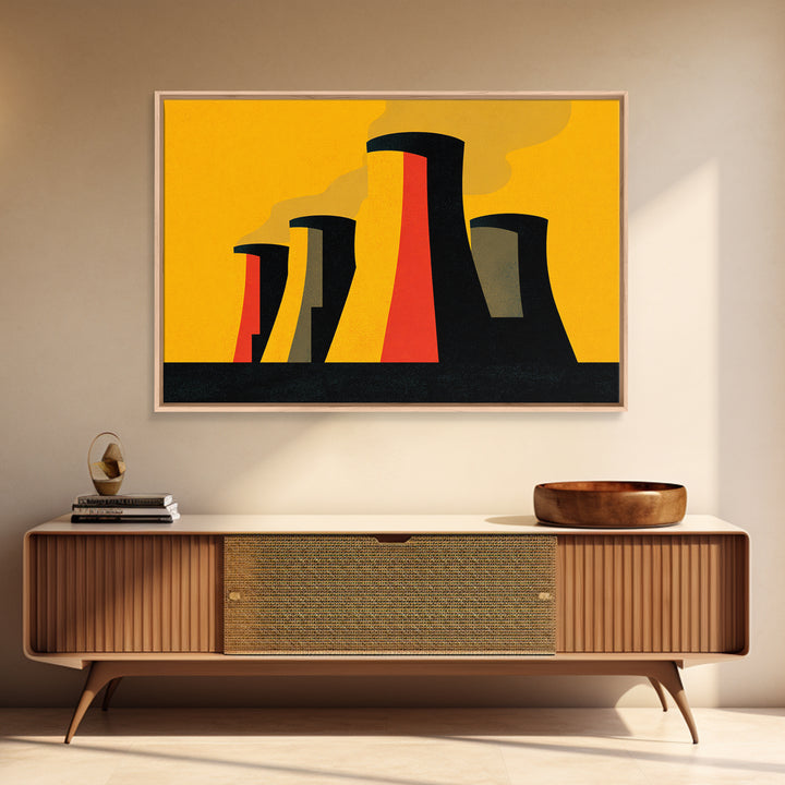 Graphic Cooling Towers At Sunset Wall Art, Midcentury Modern Art, Atomic Retro Poster, Orange Industrial Modern Wall Decor