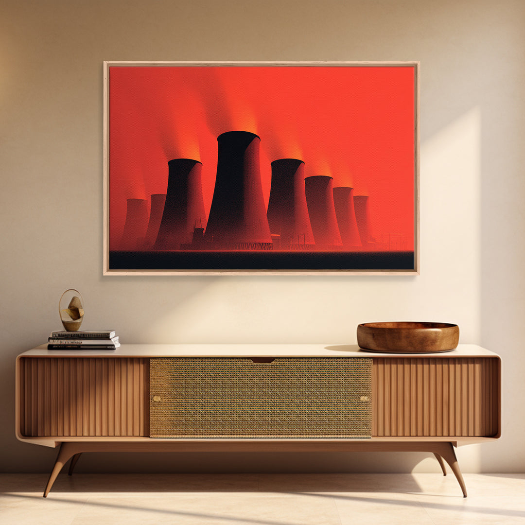 Red Nuclear Cooling Tower Silhouettes Canvas Print, Midcentury Modern Art, Retro Wall Art, Bold Orange Modern Home Decor