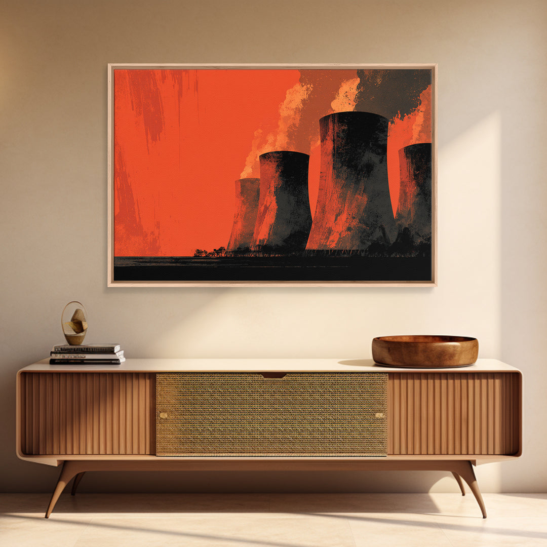 Smoky Cooling Towers In Orange Haze Framed Canvas Print, Midcentury Modern Art, Retro Wall Art, Moody Industrial Home Decor