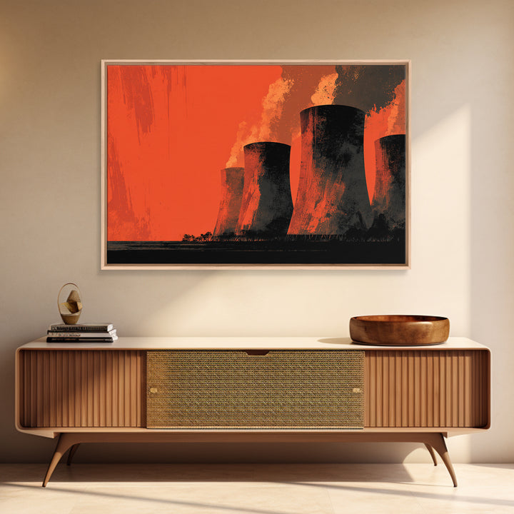 Smoky Cooling Towers In Orange Haze Framed Canvas Print, Midcentury Modern Art, Retro Wall Art, Moody Industrial Home Decor