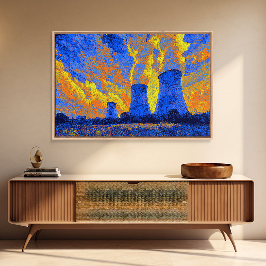 Blue Nuclear Cooling Towers Under Yellow Sky Wall Art, Bright Abstract Art, Midcentury Modern Poster, Colorful Modern Decor