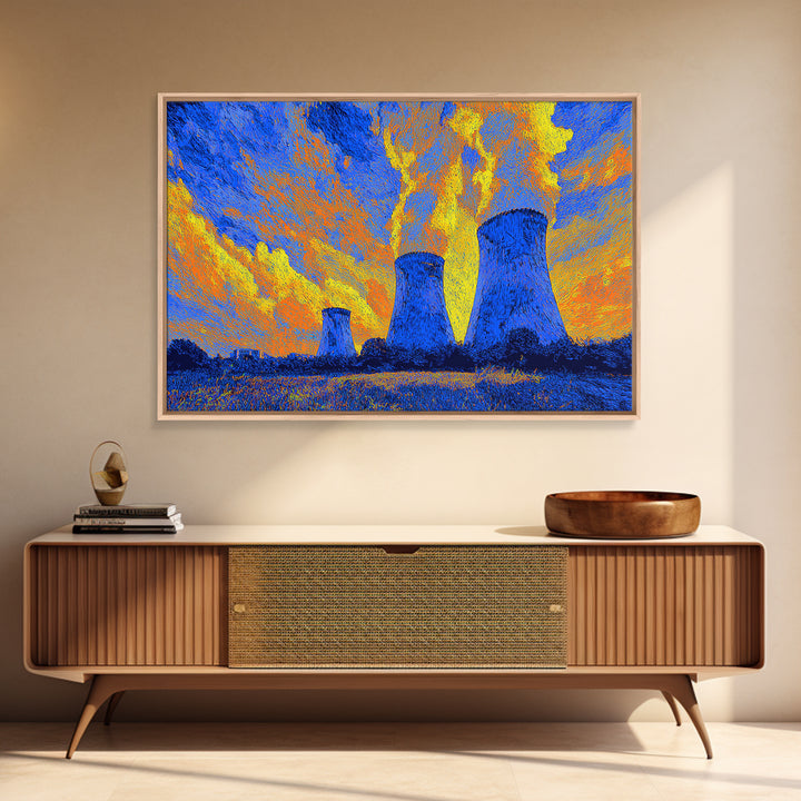 Blue Nuclear Cooling Towers Under Yellow Sky Wall Art, Bright Abstract Art, Midcentury Modern Poster, Colorful Modern Decor