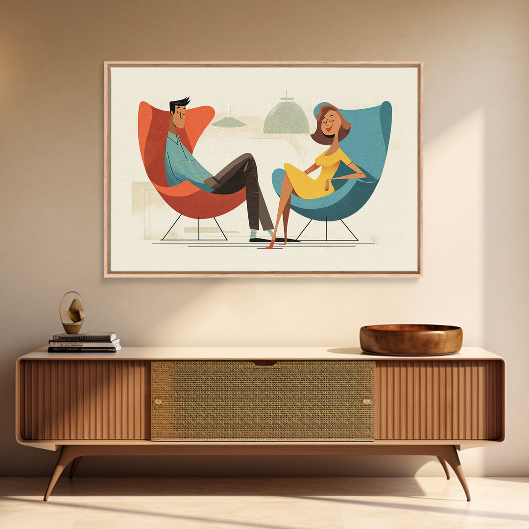 Stylish Couple In Egg Chairs Canvas Print, Midcentury Modern Art, Retro Wall Art, Atomic Lounge Decor, Colorful Home Print