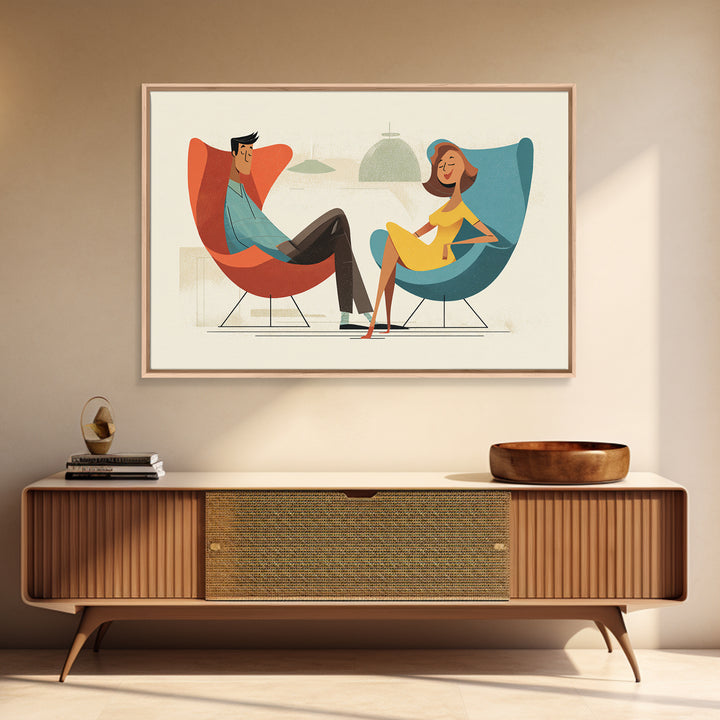 Stylish Couple In Egg Chairs Canvas Print, Midcentury Modern Art, Retro Wall Art, Atomic Lounge Decor, Colorful Home Print