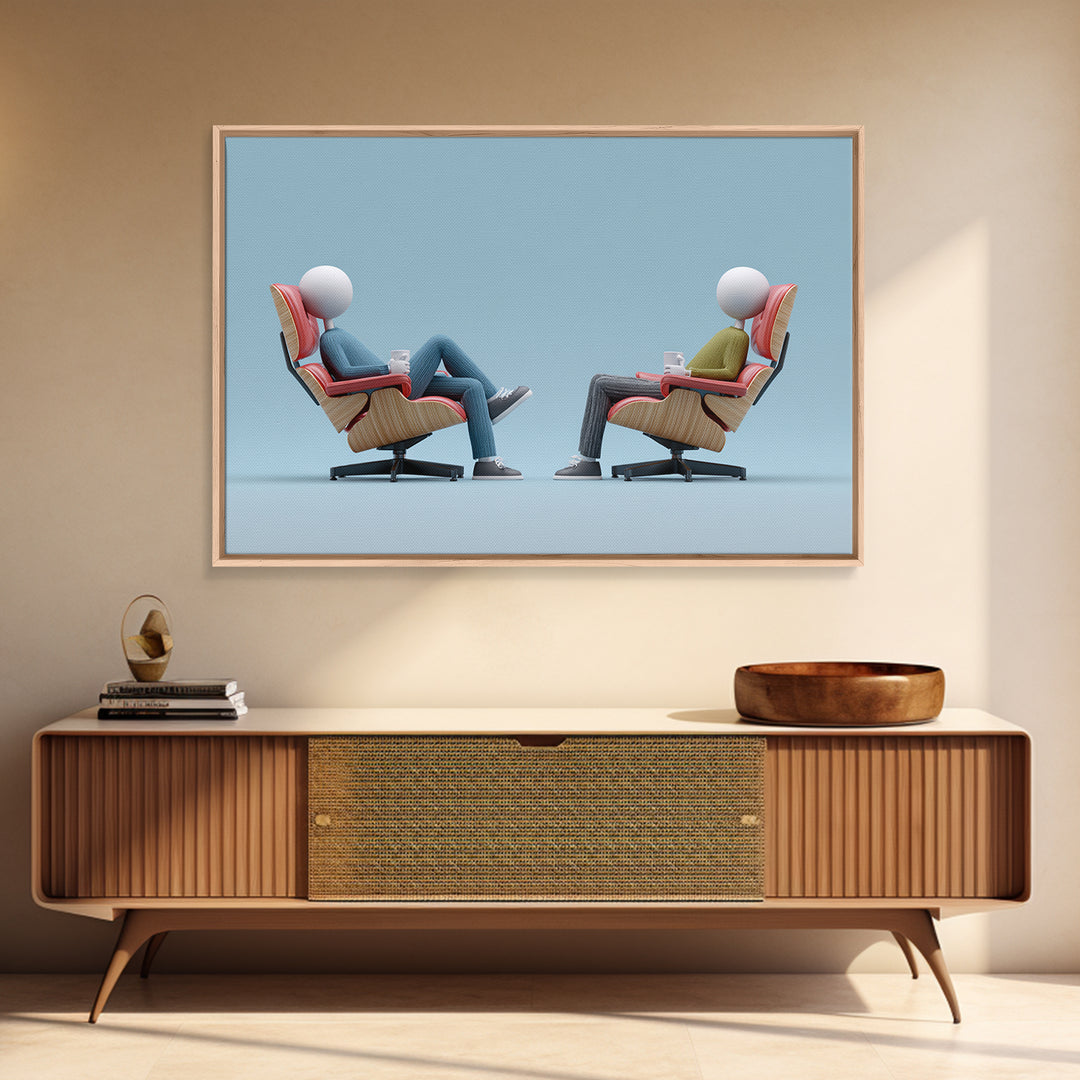 Faceless Figures In Retro Lounge Chairs Framed Canvas Print, Midcentury Modern Art, Minimalist Wall Art, Blue Office Decor