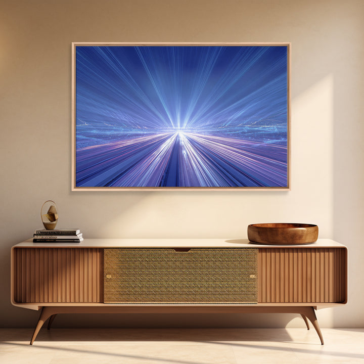 Electric Blue Light Trail Framed Canvas Print, Modern Abstract Art, Futuristic Highway Wall Decor, Sci Fi Office Poster Print