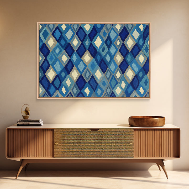 Blue Diamond Textile Pattern Wall Art, Geometric Modern Decor, Scandinavian Canvas Print, Coastal Abstract Poster For Home