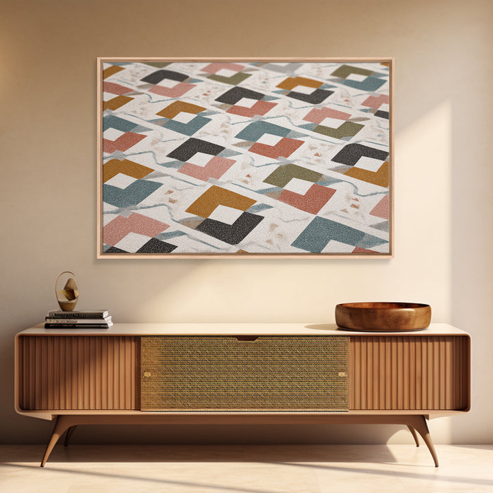 Retro Interlocking Square Pattern Wall Art, Mid Century Modern Decor, Geometric Canvas Print, Muted Color Textile Poster