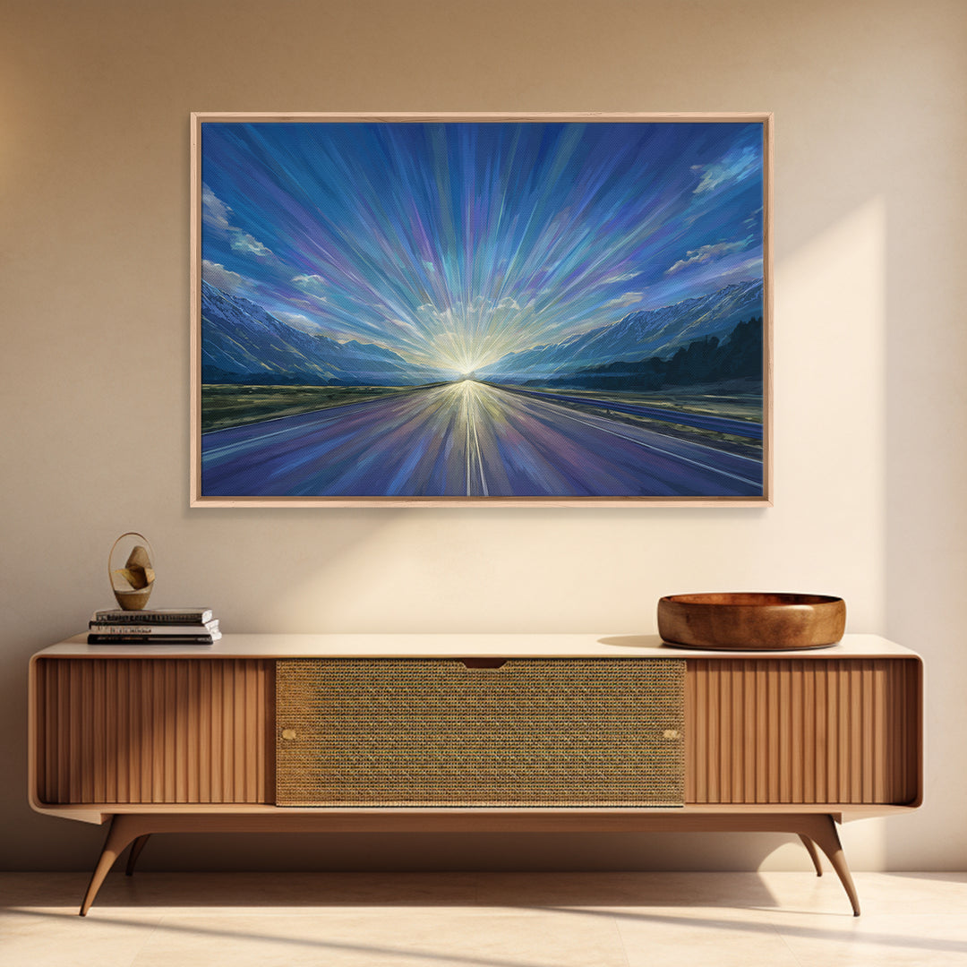 Mountain Sunrise Road Light Wall Art, Modern Landscape Print, Blue Scenic Office Decor, Contemporary Nature Home Decor Gift