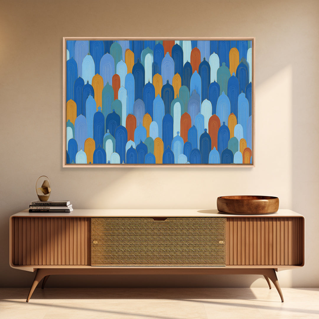 Blue Moorish Arch Pattern Canvas Print, Midcentury Modern Wall Art, Architectural Art, Geometric Poster For Living Room Decor