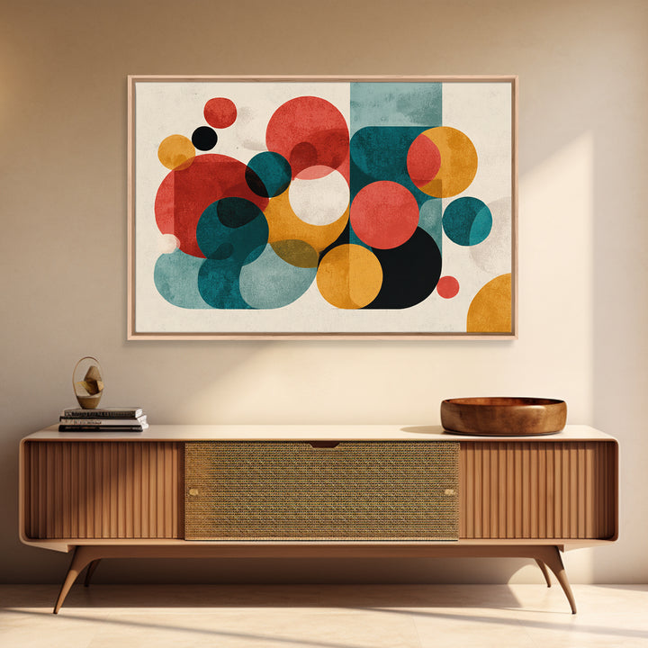 Red Teal Mustard Circle Wall Art, Midcentury Abstract Canvas Print, Geometric Shapes Art, Modern Home Decor, Office Decor