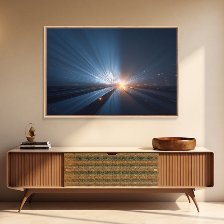 Dark Blue Highway Light Burst Canvas Print, Modern Abstract Art, Futuristic Wall Decor, Masculine Office Poster Print Gift