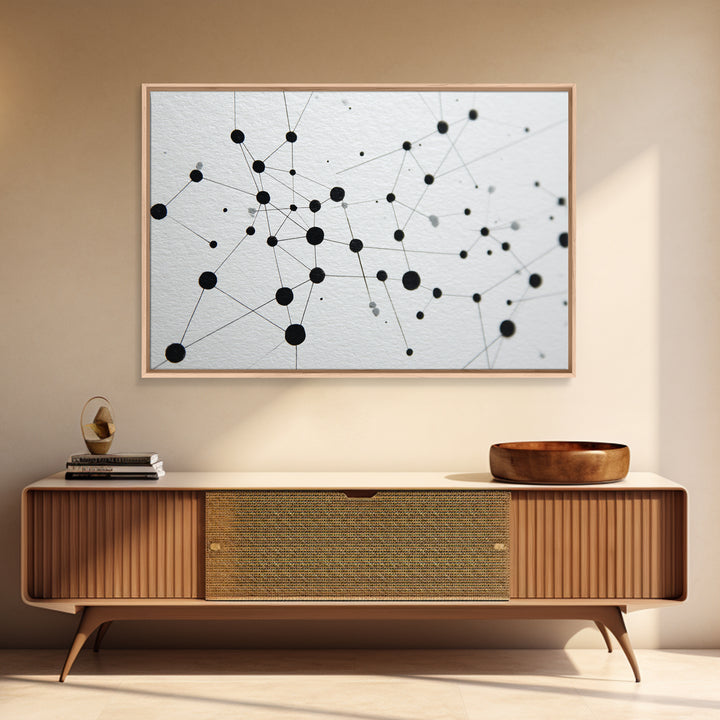 Black Molecular Network Canvas Print, Minimalist Geometric Wall Art, Modern Abstract Art, Science Office Decor, Monochrome Poster