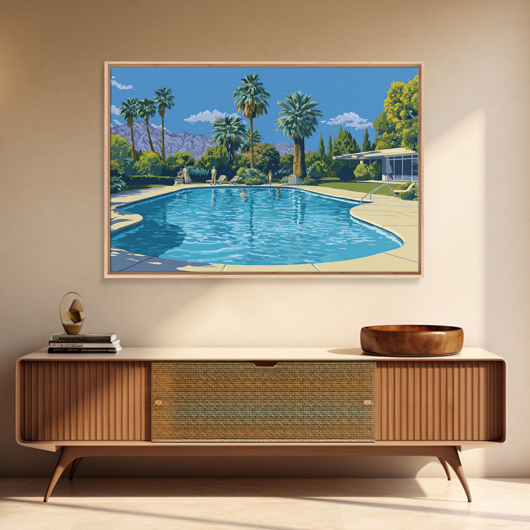 Palm Springs Swimming Pool Framed Canvas Print, Mid Century Modern Wall Art, California Travel Poster, Retro Home Decor Print