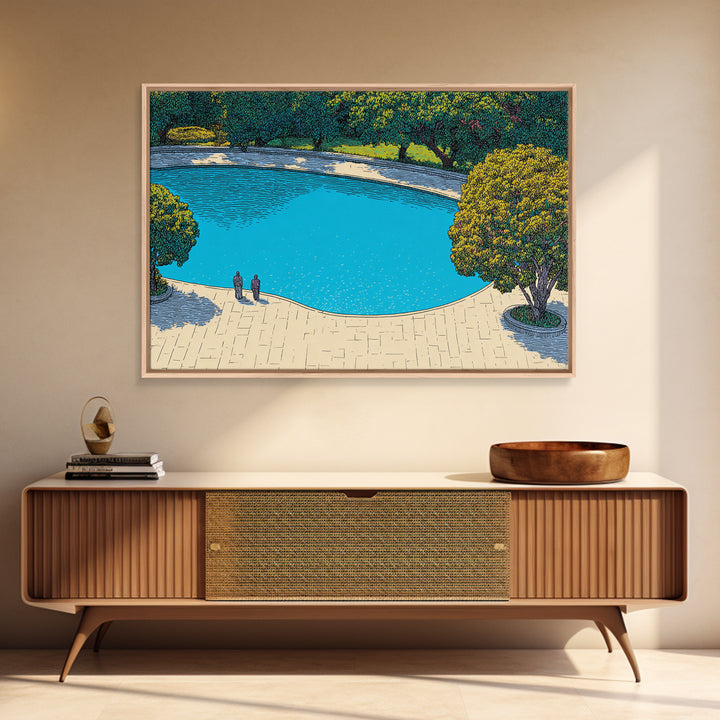 Turquoise Lagoon Garden Path Wall Art, Mid Century Modern Canvas Print, Scenic Landscape Poster, Blue Nature Home Decor Print