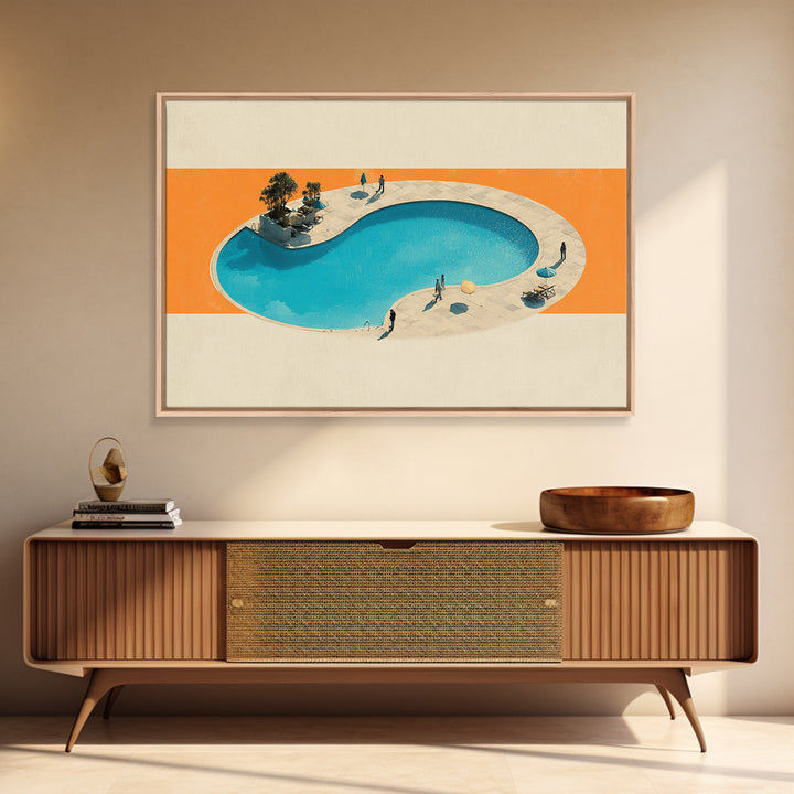 Aerial Kidney Pool With Orange Field Wall Art, Mid Century Modern Canvas Print, Minimalist Retro Home Decor, Pool Poster