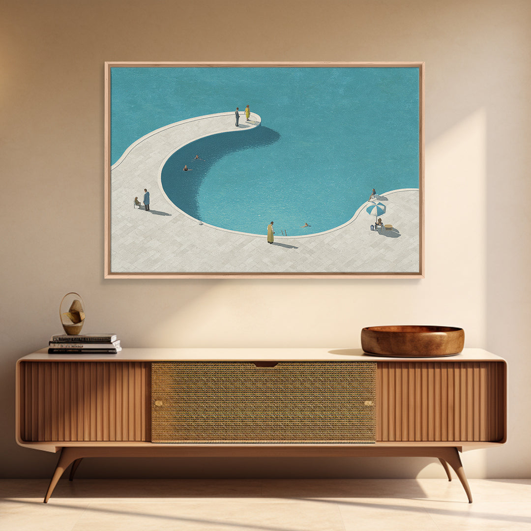 Minimal Curved Pool And Sunbathers Canvas Print, Mid Century Modern Wall Art, Blue Abstract Decor, Retro Summer Poster Print