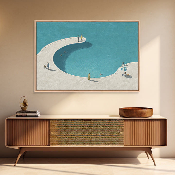 Minimal Curved Pool And Sunbathers Canvas Print, Mid Century Modern Wall Art, Blue Abstract Decor, Retro Summer Poster Print