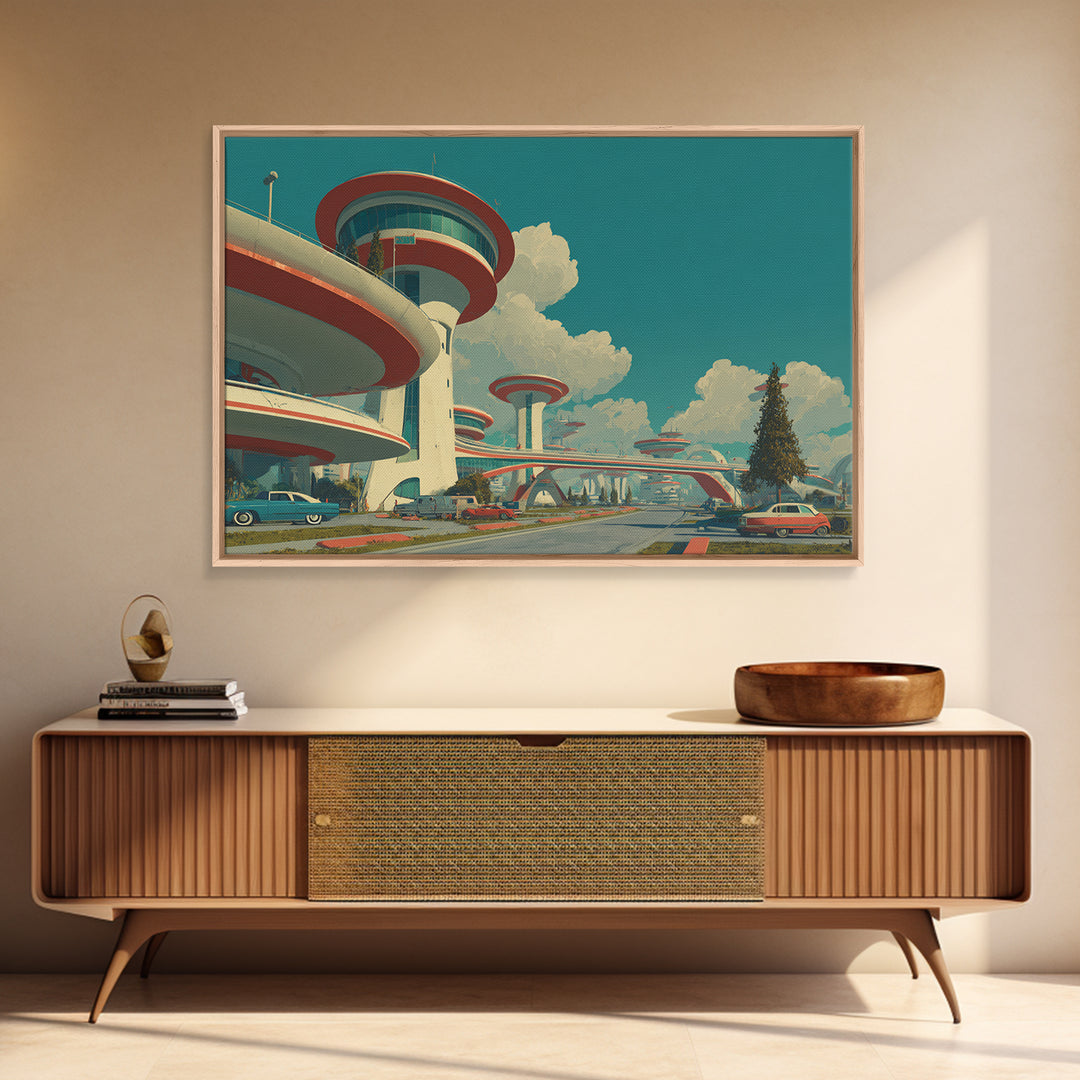 Futuristic Atomic City With Flying Saucer Framed Canvas Print, Mid Century Modern Wall Art, Retro Sci Fi Poster Decor Print