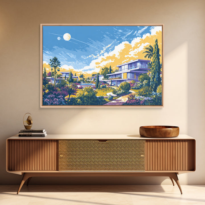 Modernist Garden Homes And Celestial Sky Canvas Print, Mid Century Modern Wall Art, Architectural Landscape Home Decor Poster
