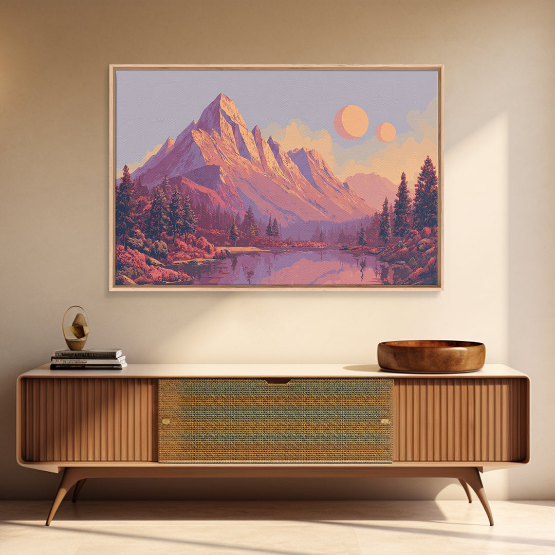 Pink Purple Alpine Lake Wall Art, Midcentury Modern Landscape Print, Retro Mountain Decor, Pastel Scenic Home Poster Gift