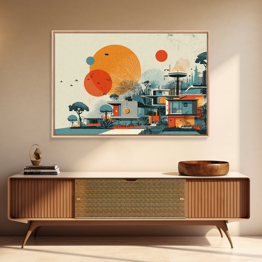 Orange Sun Modernist House And Birds Wall Art, Mid Century Modern Canvas Print, Atomic Desert Architecture Decor Poster Print