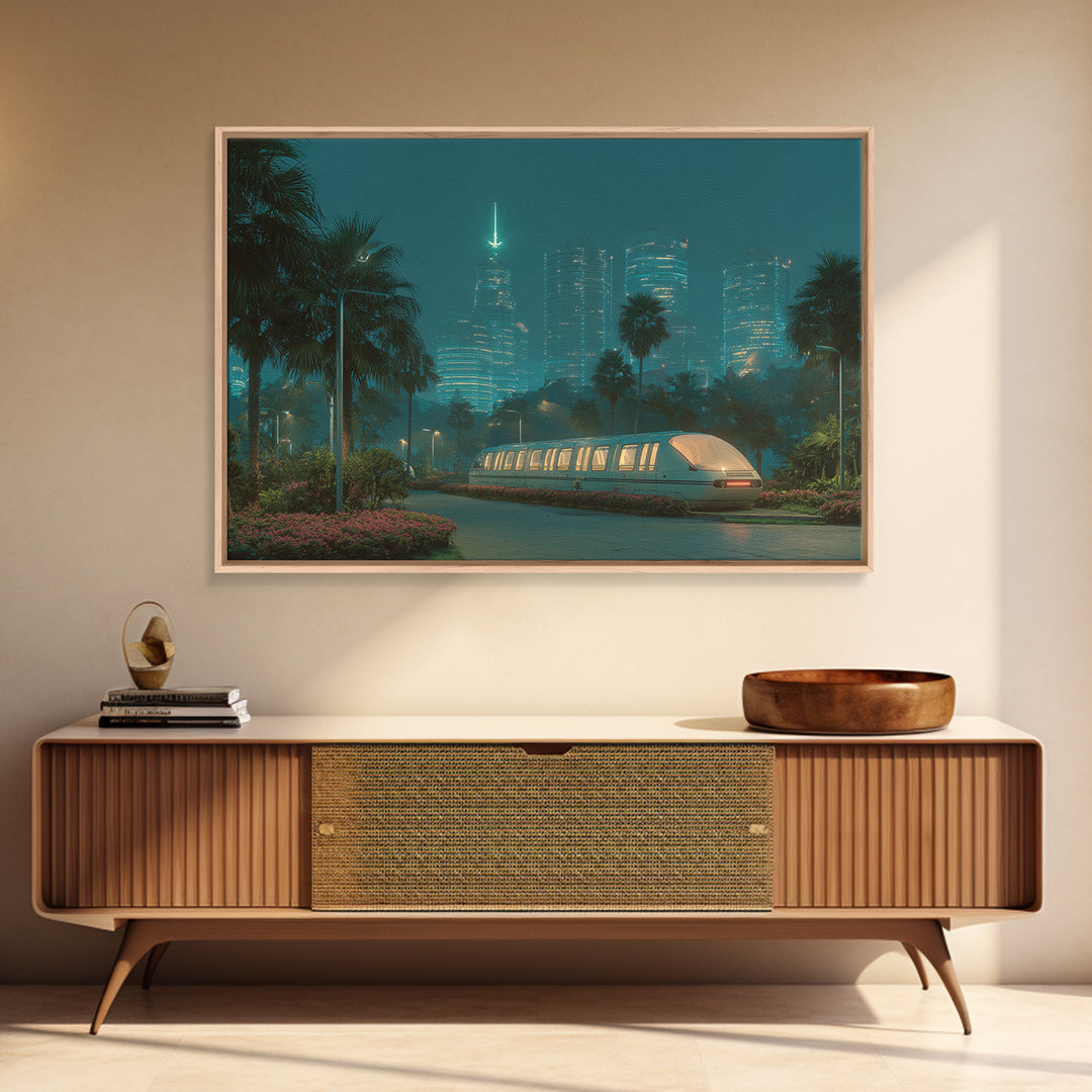 Neon Palm Monorail Futuristic Night City Wall Art, Retro Sci Fi Skyline, Teal Urban Decor, Modern Digital Art Print, For Living Room