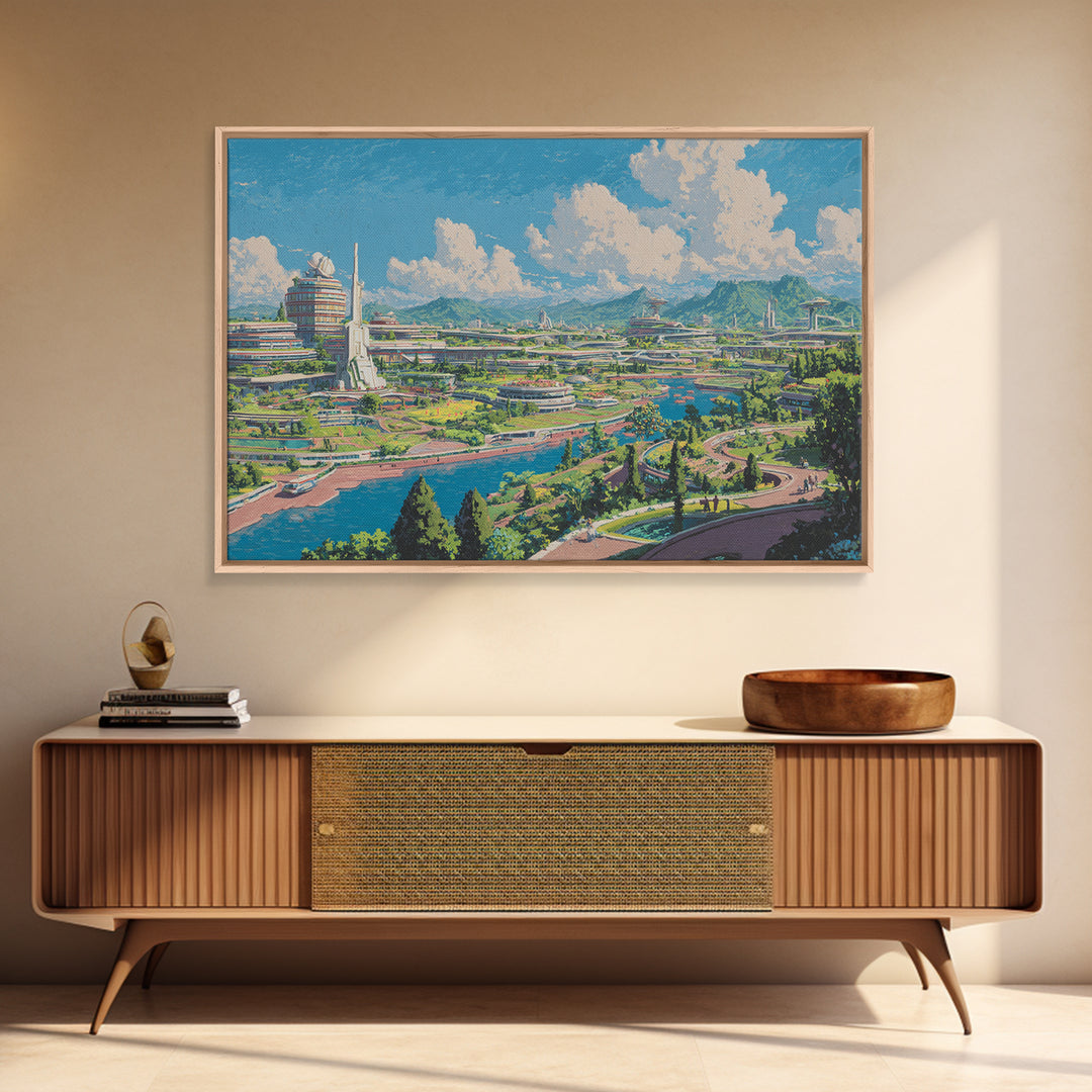 Sunny Retro Future Garden City Canvas Print, Utopian River Skyline, Mountain Landscape, Midcentury Modern Wall Decor Print