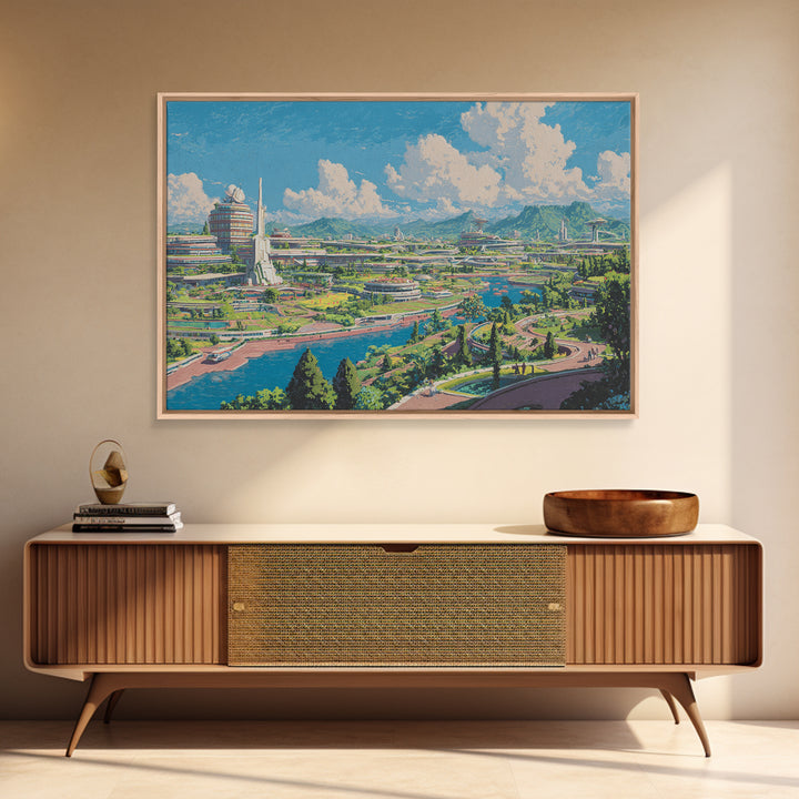 Sunny Retro Future Garden City Canvas Print, Utopian River Skyline, Mountain Landscape, Midcentury Modern Wall Decor Print