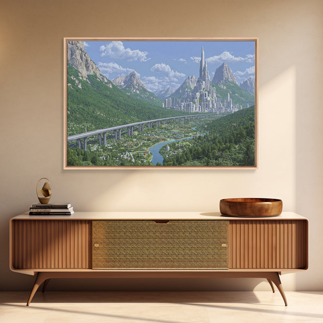 Silver Alpine Megacity And Elevated Rail Wall Art, Futuristic Mountain Landscape, Modern Sci Fi Cityscape Home Decor Print