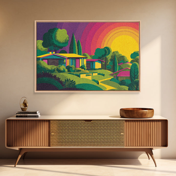 Colorful Midcentury Hillside Home Sunset Wall Art, Retro Palm Springs Decor, MCM Architecture Print, Groovy 70s Art Poster