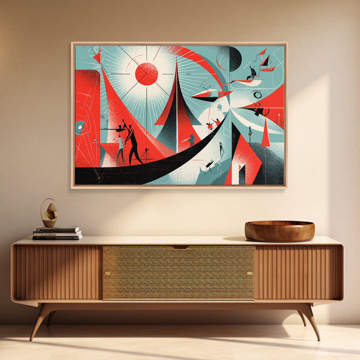 Red Atomic Sailboats And Cosmic Figures Canvas Print, Midcentury Abstract Wall Art, Bauhaus Geometric Retro Poster Decor