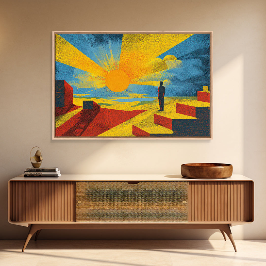 Golden Sun And Lone Figure Geometric Desert Wall Art, Midcentury Modern Abstract Print, Bold Yellow Orange Decor For Living Room