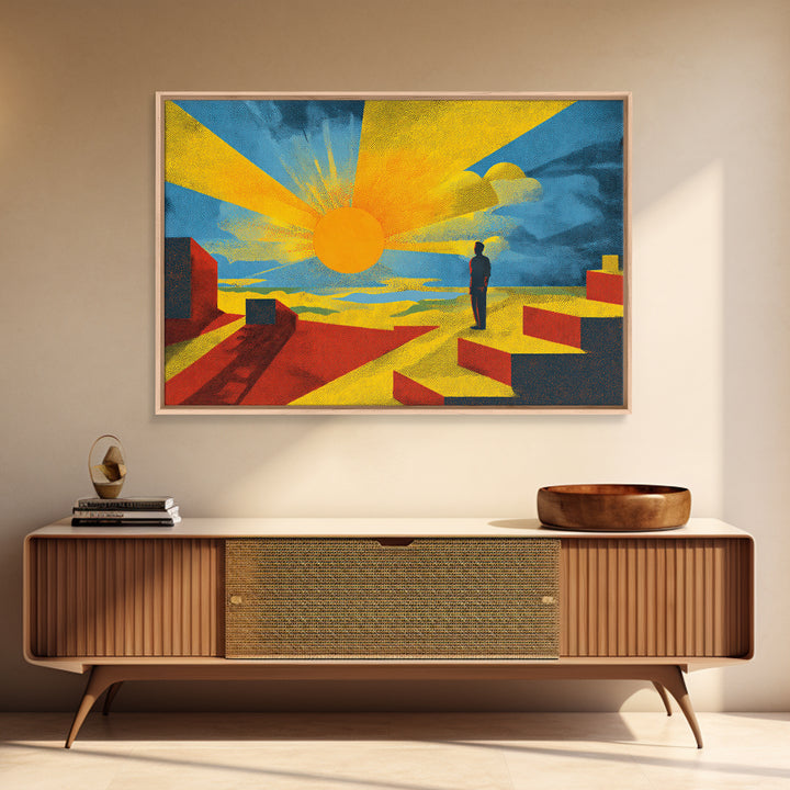 Golden Sun And Lone Figure Geometric Desert Wall Art, Midcentury Modern Abstract Print, Bold Yellow Orange Decor For Living Room