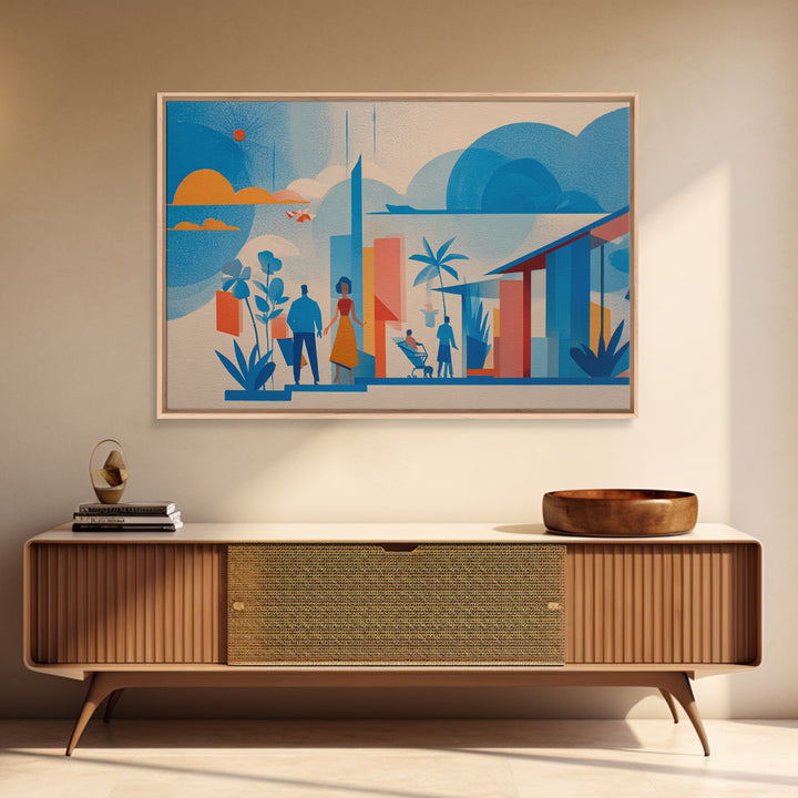 Pastel Family At Modernist Home Framed Canvas Print, Midcentury Wall Art, Scandinavian Blue Decor, Nursery Room Art Poster