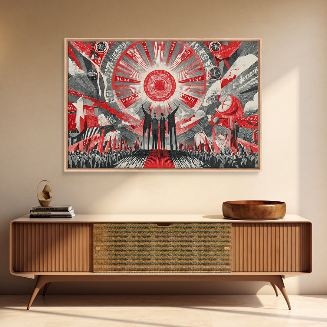 Red Futurist Rally With Rockets And Crowd Wall Art, Soviet Style Space Poster, Retro Sci Fi Propaganda Canvas Print Decor