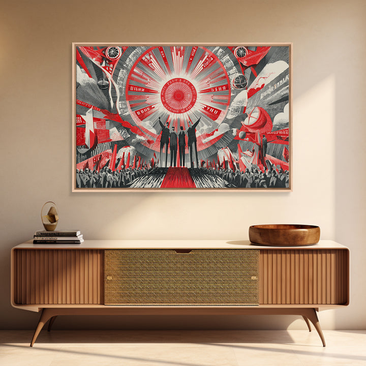 Red Futurist Rally With Rockets And Crowd Wall Art, Soviet Style Space Poster, Retro Sci Fi Propaganda Canvas Print Decor