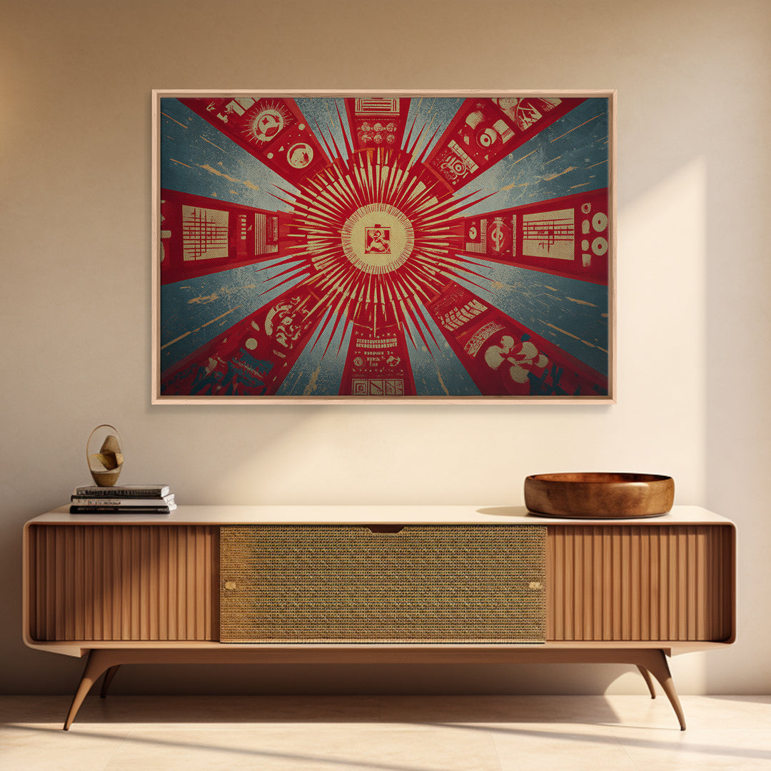 Radial Soviet Science Panels And Red Star Wall Art, Retro Futurist Propaganda Poster, Modern Geometric Canvas Print Decor