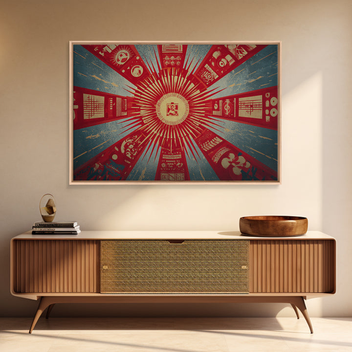 Radial Soviet Science Panels And Red Star Wall Art, Retro Futurist Propaganda Poster, Modern Geometric Canvas Print Decor