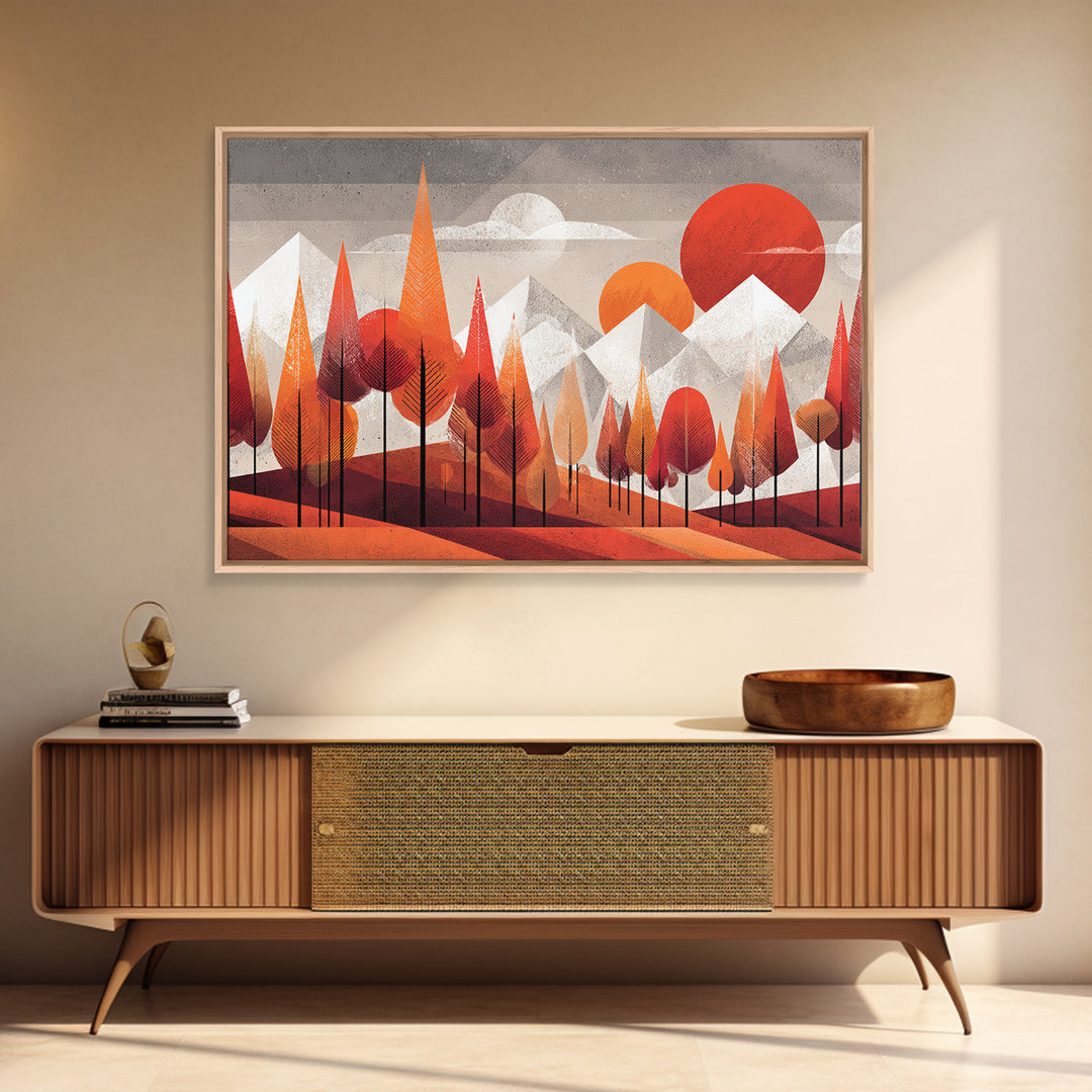 Orange Geometric Forest Mountains Canvas Print, Midcentury Modern Wall Art, Retro Landscape Decor, Bold MCM Home Decor Poster