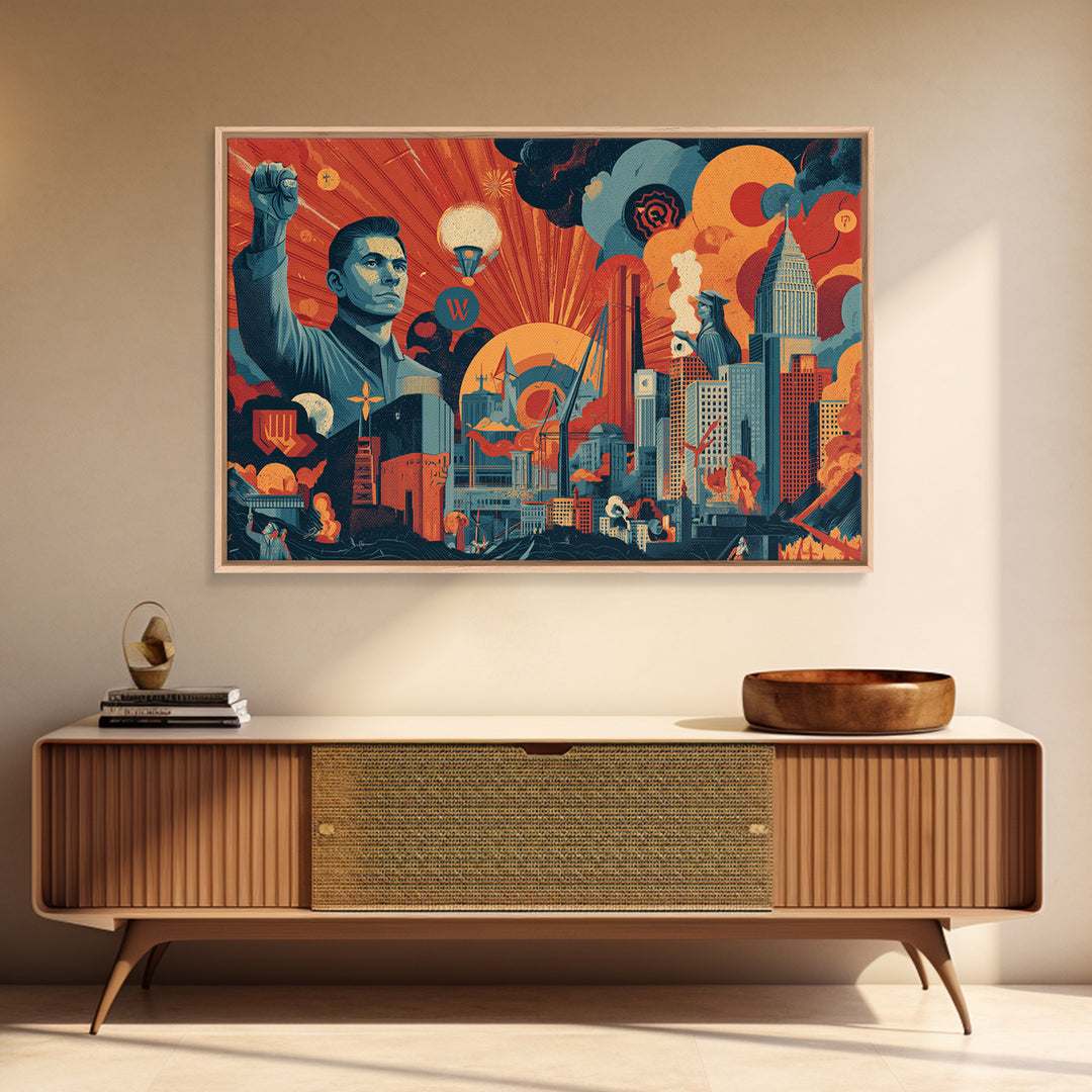 Heroic Retro Futurist Industrial City Wall Art, Midcentury Modern Poster, Bold Orange Teal Sci Fi Canvas Print Office Decor