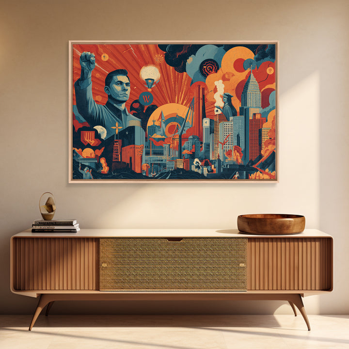 Heroic Retro Futurist Industrial City Wall Art, Midcentury Modern Poster, Bold Orange Teal Sci Fi Canvas Print Office Decor