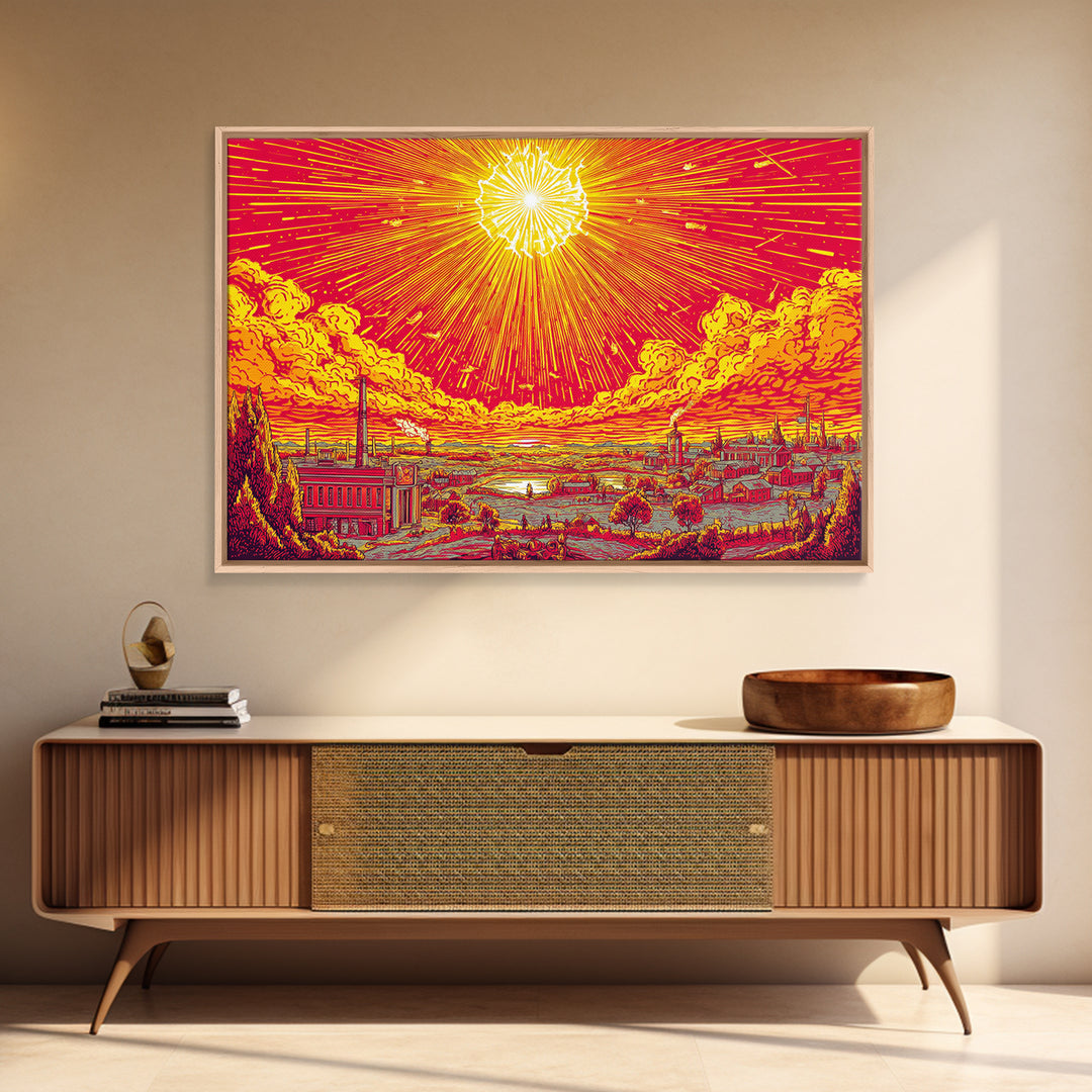 Radiant Industrial Sunburst City Wall Art, Retro Futurism Poster, Midcentury Modern Art, Atomic MCM Decor, Orange Print Gift