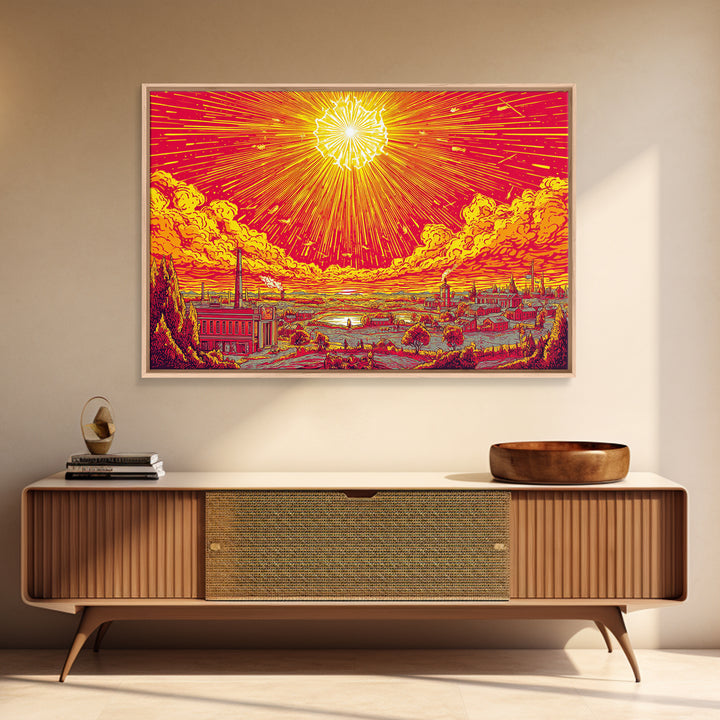 Radiant Industrial Sunburst City Wall Art, Retro Futurism Poster, Midcentury Modern Art, Atomic MCM Decor, Orange Print Gift