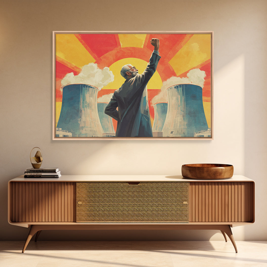 Nuclear Cooling Tower Leader Framed Canvas Print, Retro Political Poster, Midcentury Modern Wall Decor, Atomic Science Art